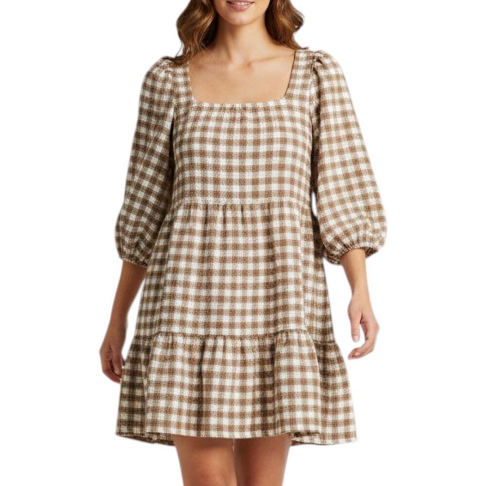 By The River Dress L Brown White Gingham Tiered Sleeveless Plaid Zip Back
